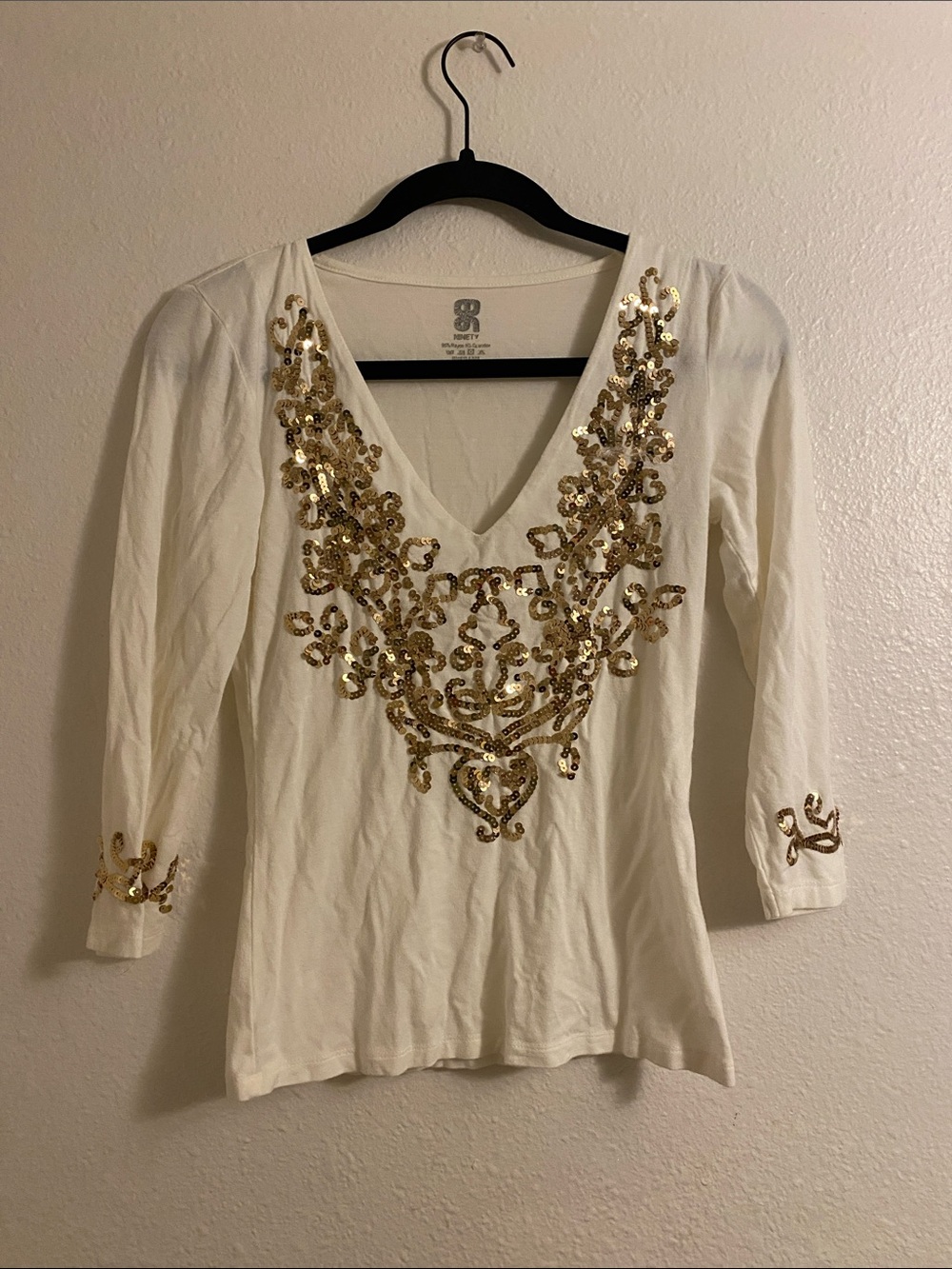 V-Neck Top with Gold Sequin Embellishment